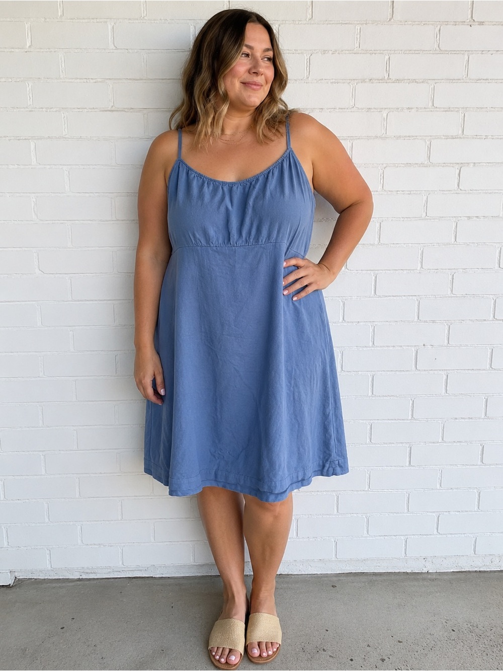 Nine Britton Blue Linen Blend Smocked Midi Dress 3X Plus Pockets